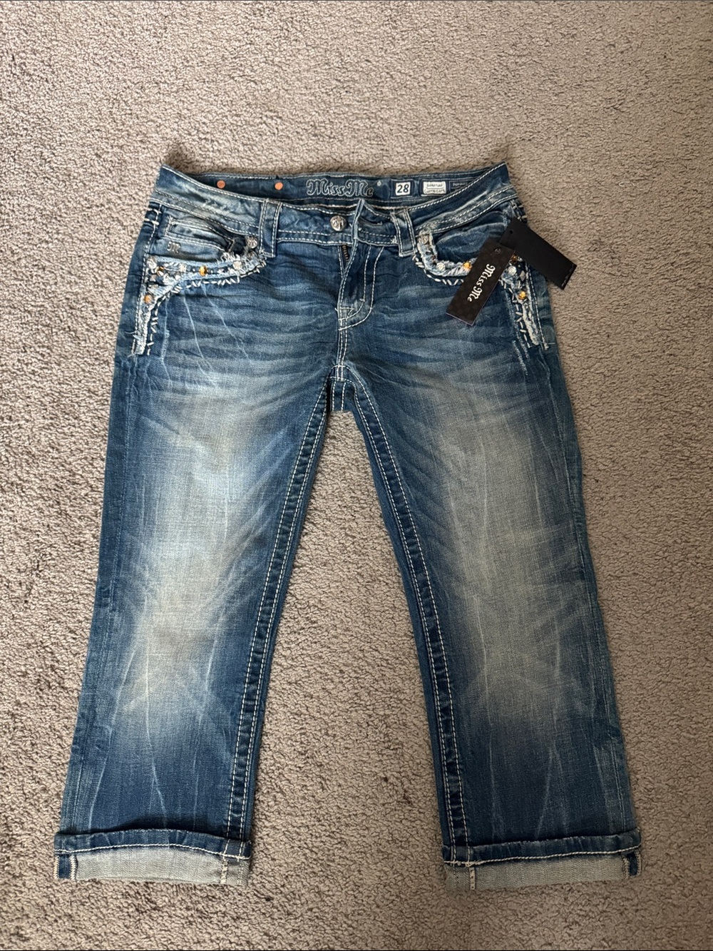 Miss Me Blue Embellished Cropped Jeans